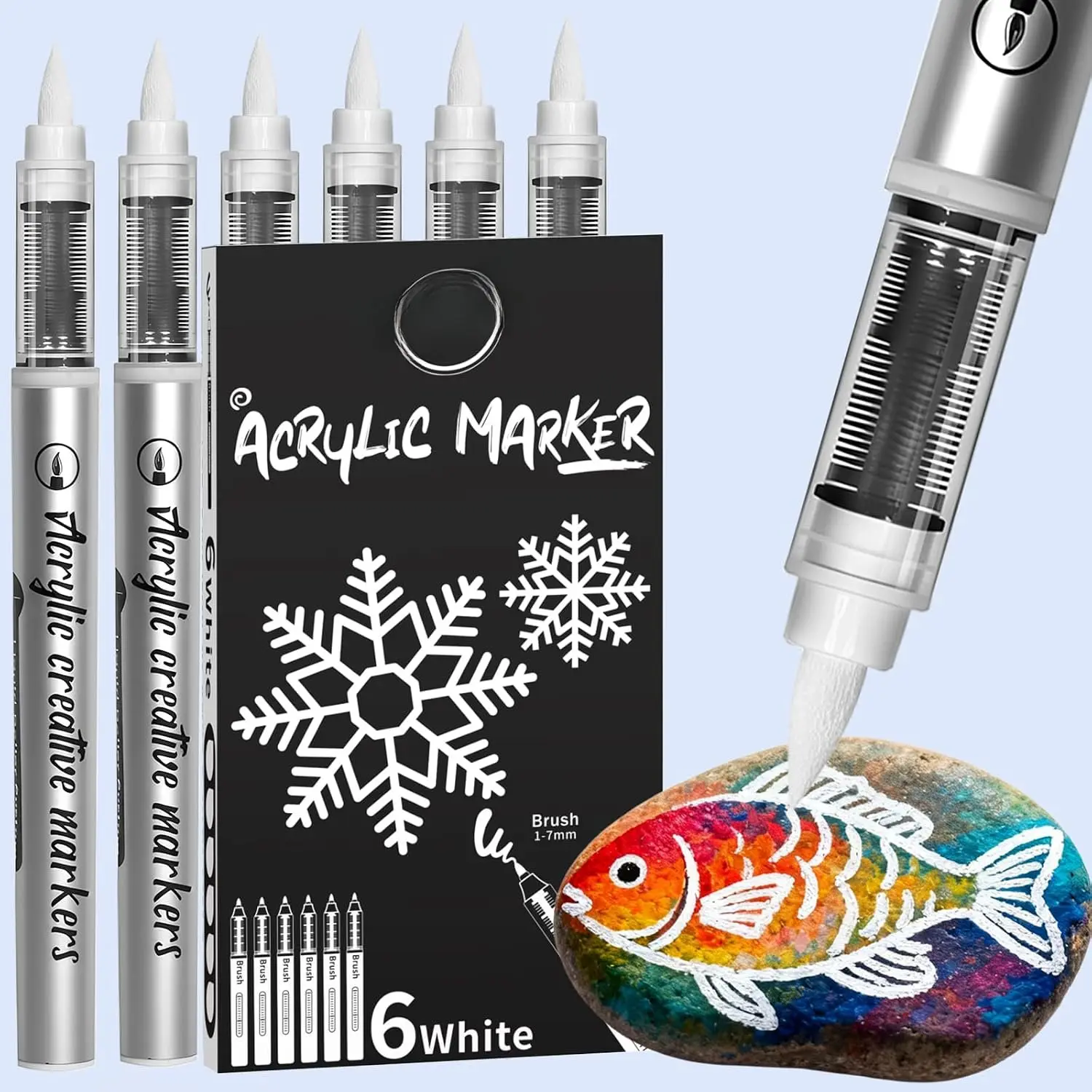 White  Pen, 6 Pack White  Markers,  Coverage | White Marker with Brush Tip, Automatic Ink Flow, White  Pen for Rock Painting, , Glass, Plastic, Ceramic, Fabric