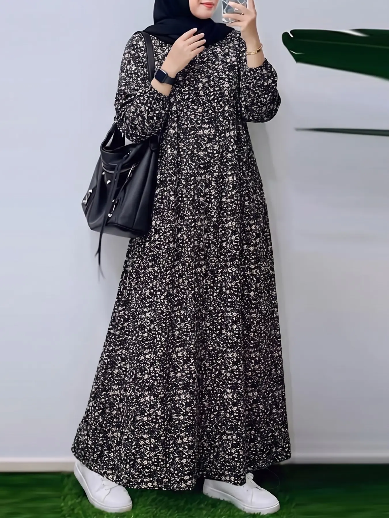 ZANZEA Muslim Casual Round Neck Long Sleeve Dress, Pleated Floral Print, Half Open Front, No Pockets, Comfortable and Stylish