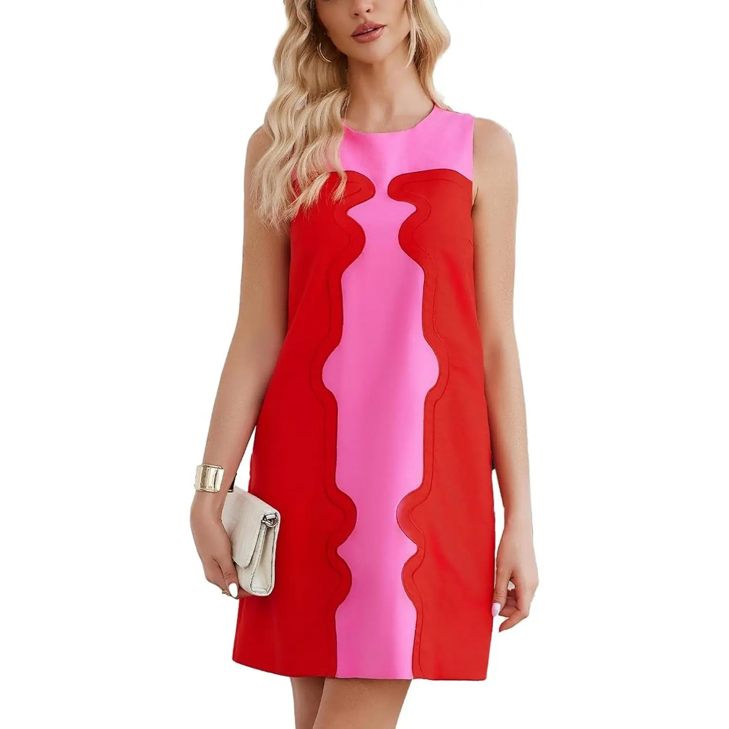Color Block Shift Dress Cotton Linen Sleeveless Crew Neck Mini Dresses 60s Party Vacation Sundresses with Pockets
