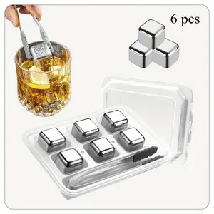 6 Piece Whiskey Ice Cubes Set with Silicone Head Tongs and Ice Cube Trays Stainless Steel Ice Cubes Reusable