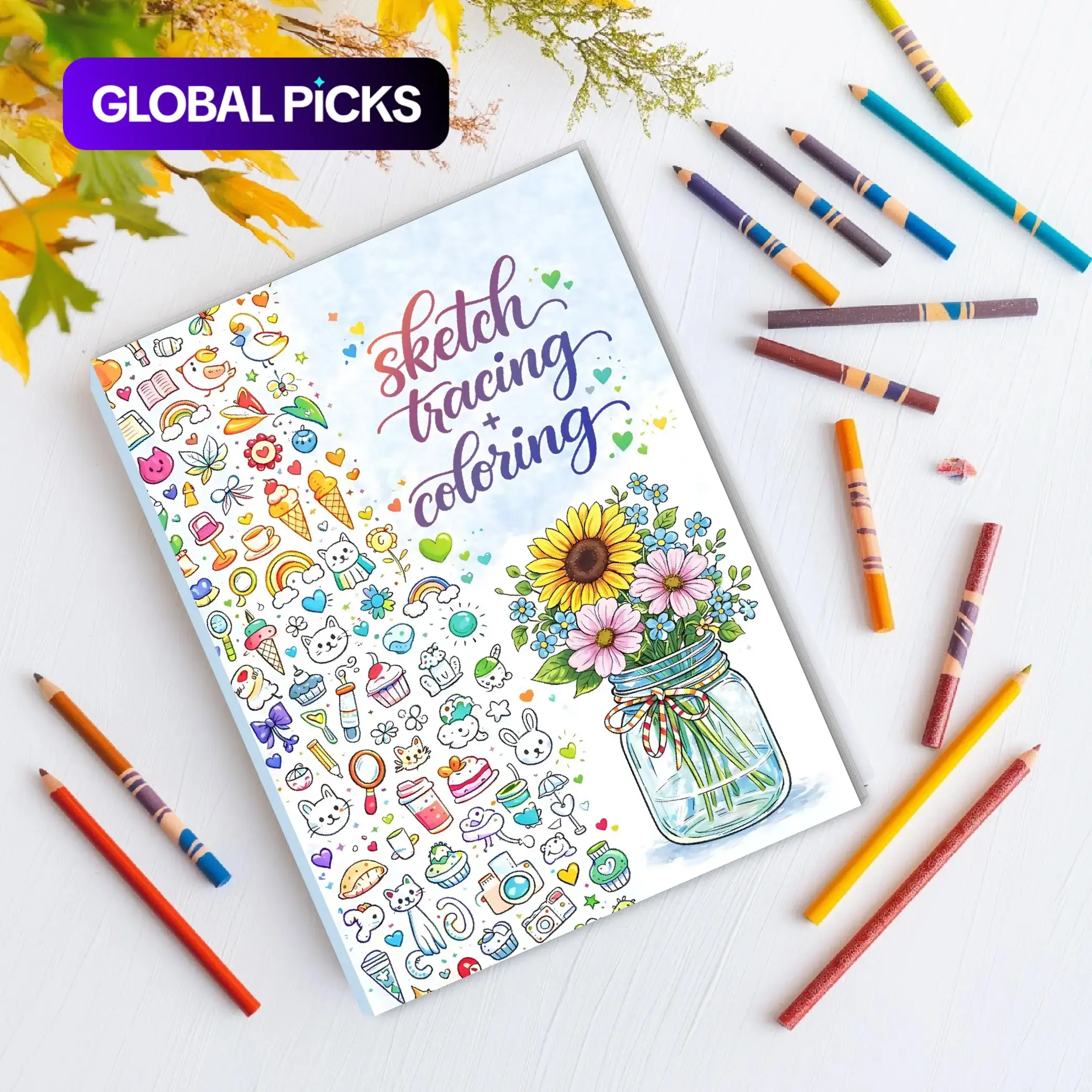 Doodle & Tracing Coloring Book | 3000+ Cute Trendy Illustrated Line Art Designs | No-Bleed Paper | Stress Relief for All Ages #GLOBAL PICKS