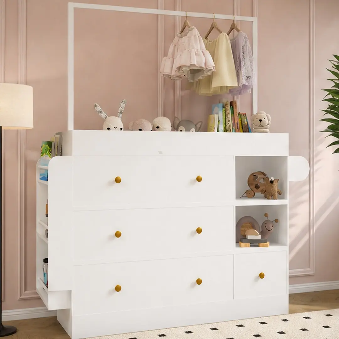 ARCH MDF American Aesthetic 2-in-1 Minimalist Dressing Table - White Decorative Vanity Table with 3 Deep Drawers, Storage Shelves, Open Cabinets, Detachable Top, Drying Rack, Hangers, Vanity & Drawer Organization (43.3W x 15.7D x 59H in), Vanity Organizat