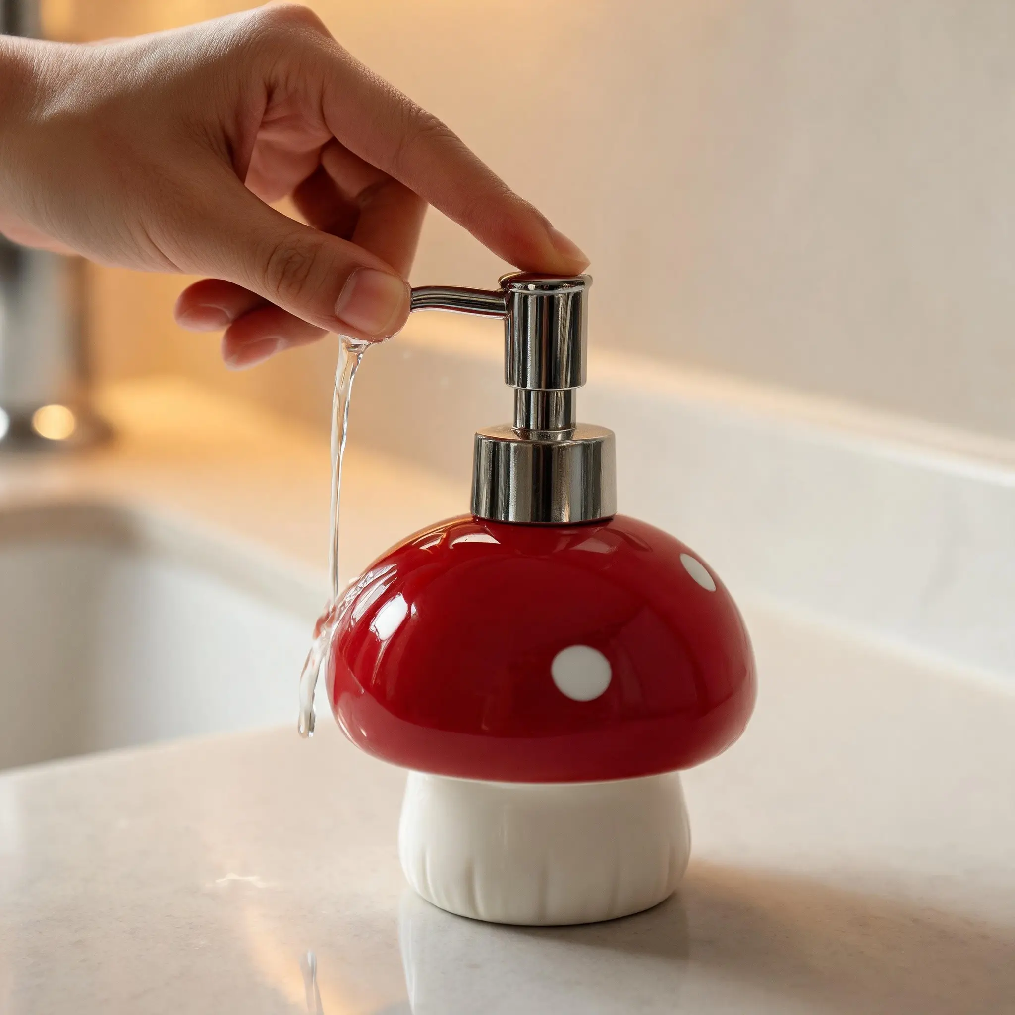 Cute Mushroom Shape Soap Dispenser, Glossy Ceramic Press Pump Bottle, Bathroom Kitchen Countertop Decor, Hand Sanitizer Holder