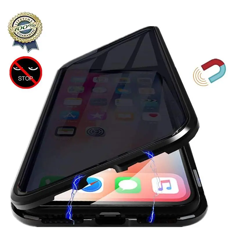 Anti-Peeping Magnetic Tempered Glass Phone Case with Privacy Metal Bumper, Shockproof Protection Casing for iPhone 17,16e,16,15,14,13,12,11 Pro,X,XS,SE - Mobile Phone Accessories with Screen Protector Compatibility, Smartphone