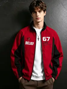Men's Colorblock Sporty Stand Collar Jacket, Digital Print Windproof Hoodie, Loose Fit Baseball Shirt, Outdoor Fitness Running Top
