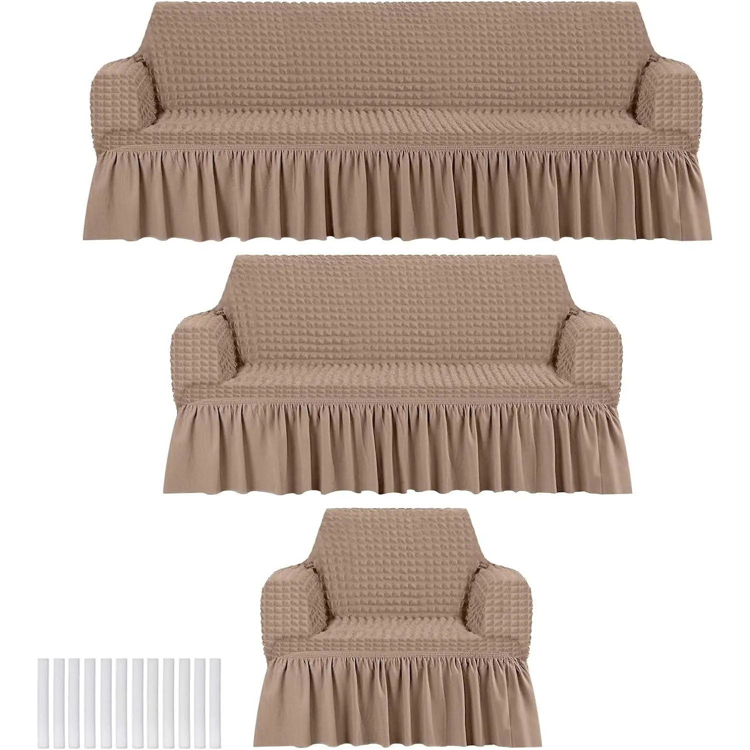 3 count Sofa Slipcover Set for Couch Cushion Durable Washable High Elastic Stretchable Furniture Couch Covers with Skirt for Sofa Loveseat Arm Chair(Khaki,Seersucker)