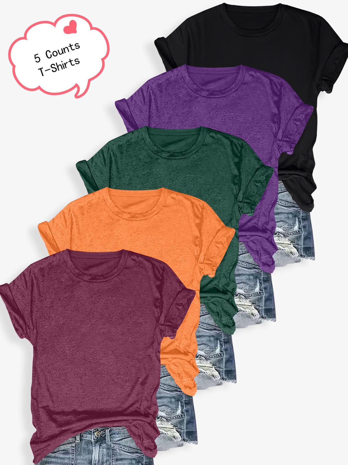 Women's Solid Round Neck Tee, Casual Short Sleeve Crew Neck T-Shirt for Summer, Ladies Clothes for Daily Wear