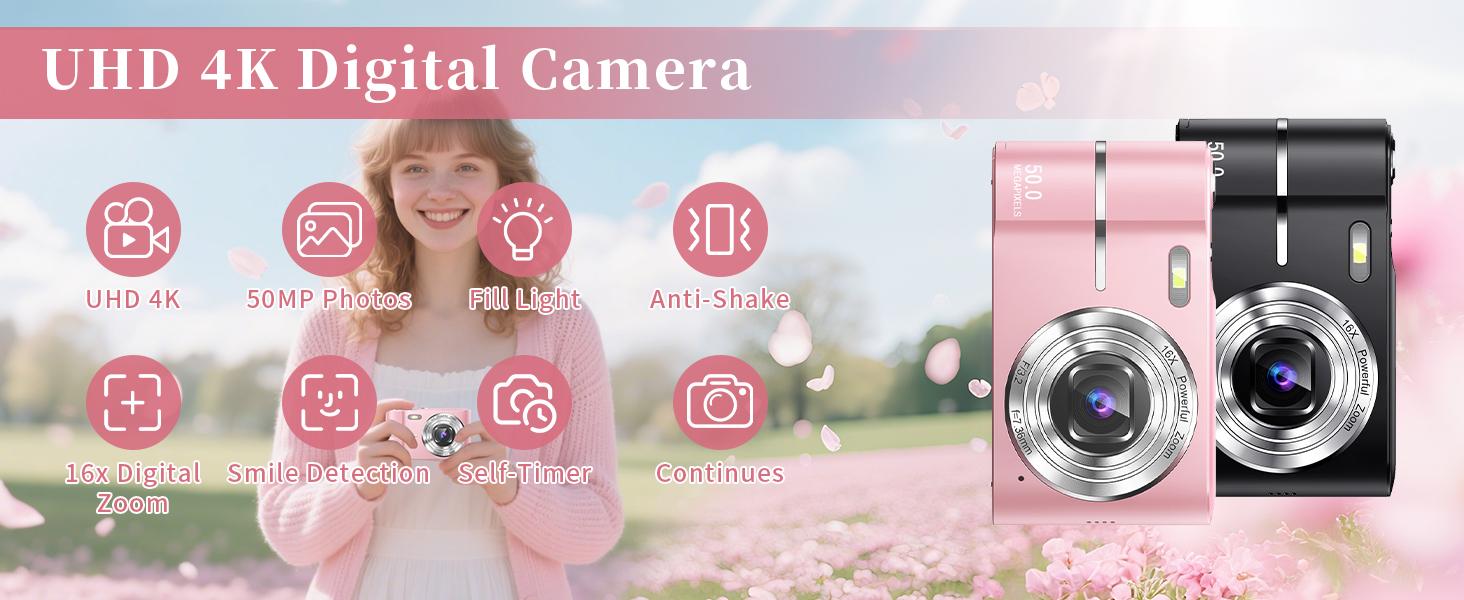 Digital Camera 4K for: 50MP Pink Camera for Photography -16X Zoom Anti-Shake, Date Stamp- Christmas Birthday Gifts for Girls- Compact Camera for 6 7 8 9 10 Year & Up Old Boy Girls