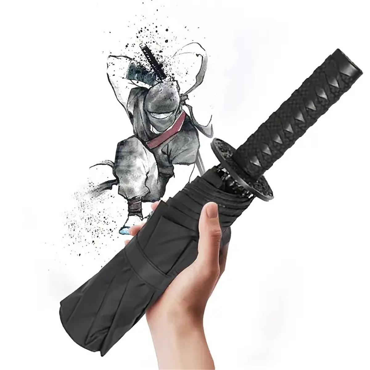 Samurai Handle Design Folding Manual Umbrella, Vintage Portable Windproof Rainproof Umbrella for Outdoor Travel, Durable and Compact for All Weather Conditions