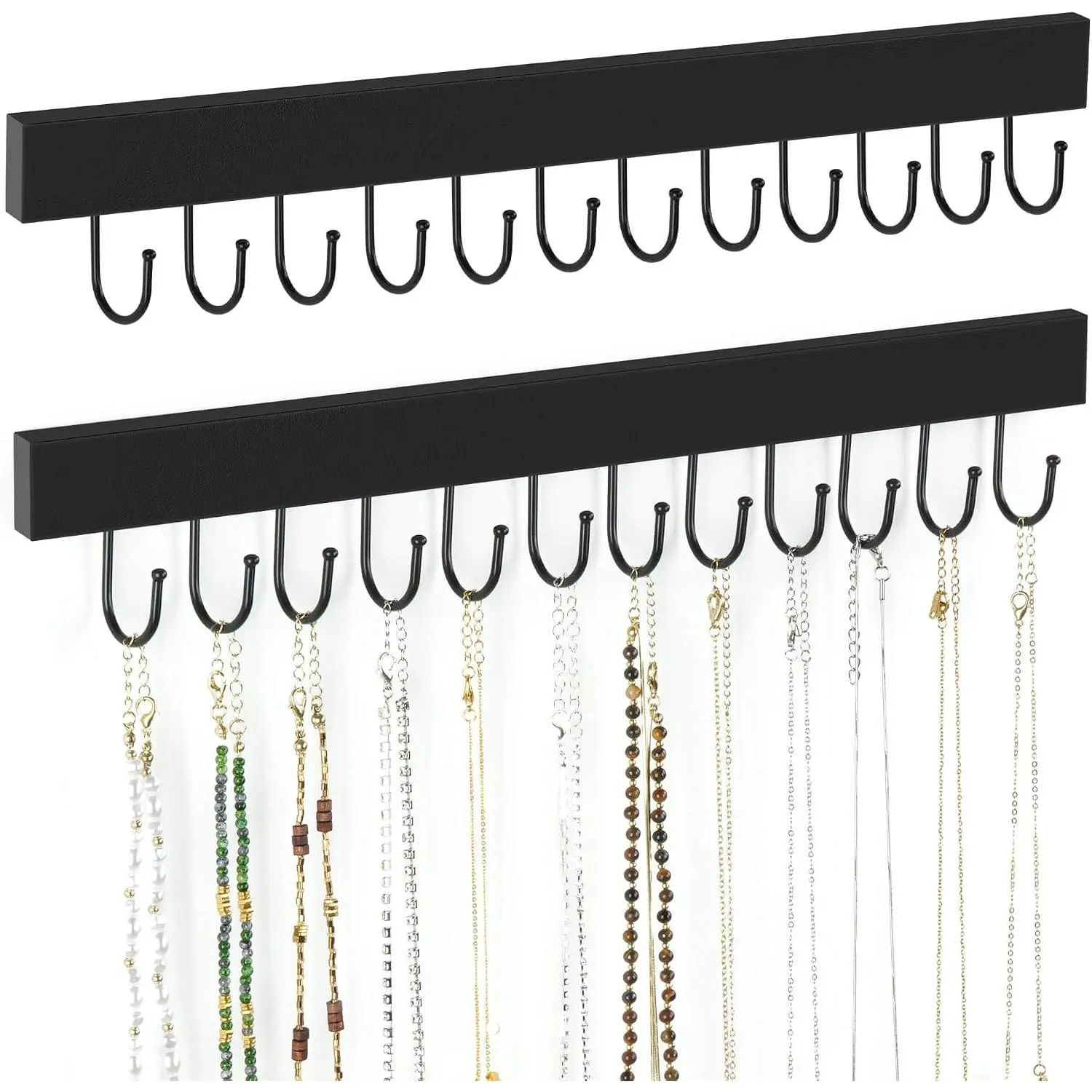 2 Pack Necklace Organizer Wall Mount, Wooden  Hanger Necklace Holder with 24 Hooks,  Organizer, Black