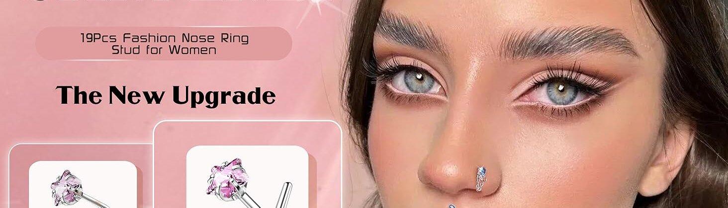 Trendy Summer Nose Rings L Shaped  Hypoallergenic Stainless Steel Nose Ring-Dangle CZ Butterfly Flower Nose Studs Hoops Piercings Jewelry Gift for Women Men 20G Pink/Blue/Clear