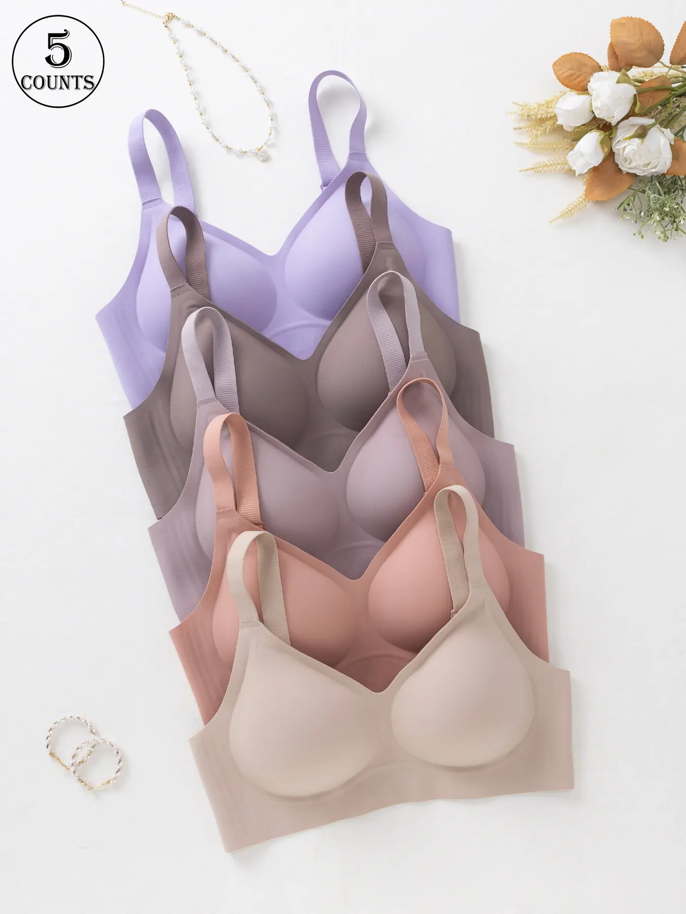 5 pieces / 12 colors V-neck seamless jelly women's bras, Wireless Seamless Bralettes, Jelly Bralette, Wireless support gathering XS-XL Four-row three-hook Comfortable skin-friendly casual T-shirt matching bra Adjustable straps