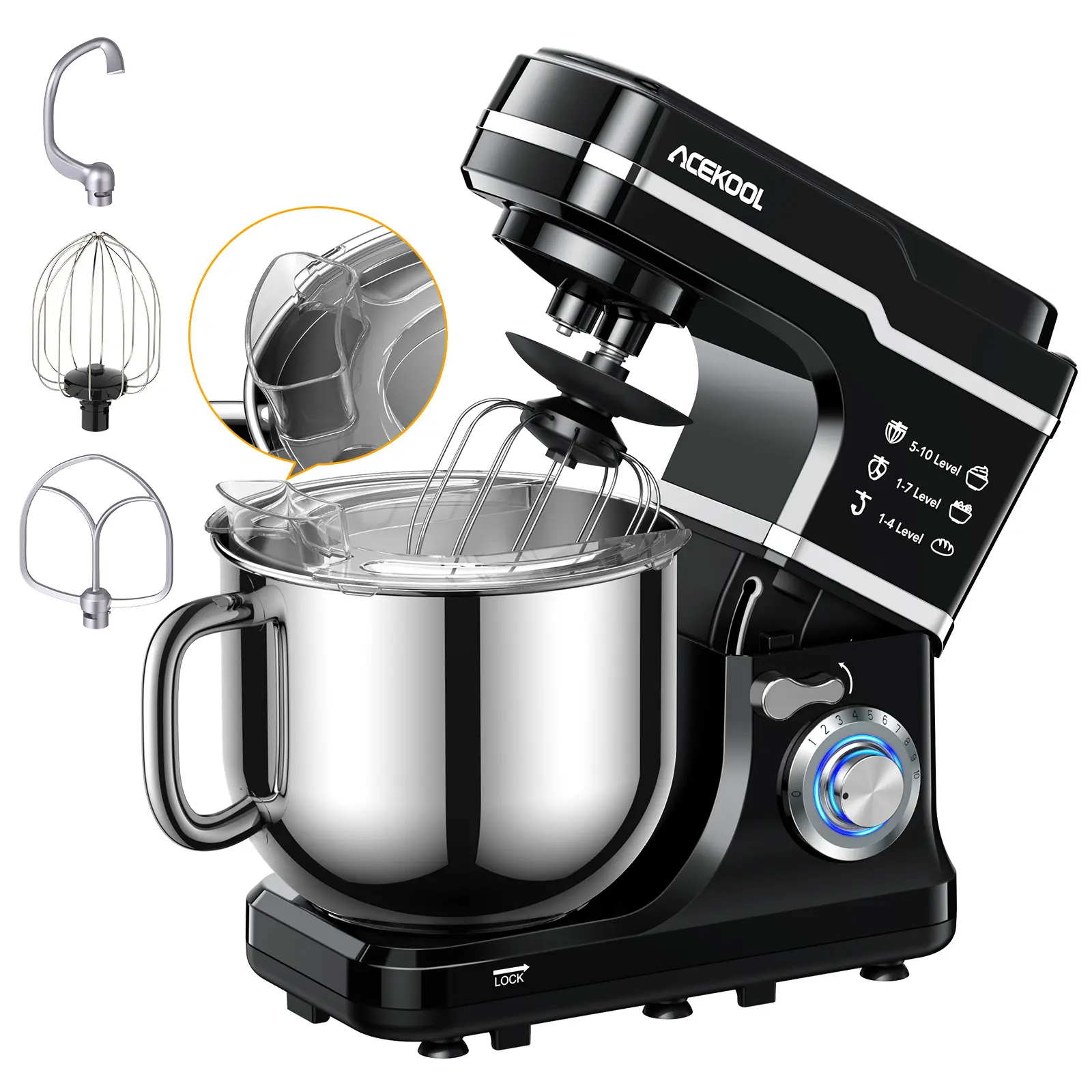 Powerful 10-Speed Stand Mixer – 7QT 660W Tilt-Head Electric Kitchen Mixer – Stepless Control, Stainless Steel Bowl, Dishwasher-Safe Attachments, Splash Guard, Anti-Slip Base – Bread, Pizza, Cake & Cookie Dough
