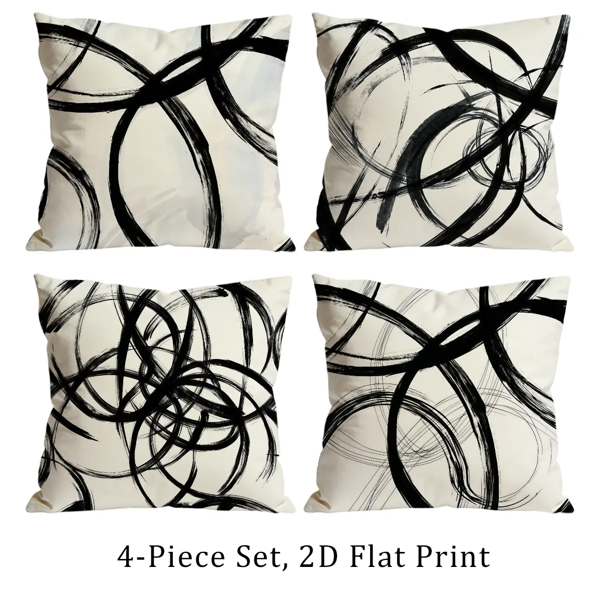 Set of 4 Black Ink Swirl Brush Stroke Abstract Throw Pillow Covers, 2D Flat Print, Decorative Cushion Cases for Sofa, Living Room & Bedroom 0624S, Bedroom Decorative Accessories