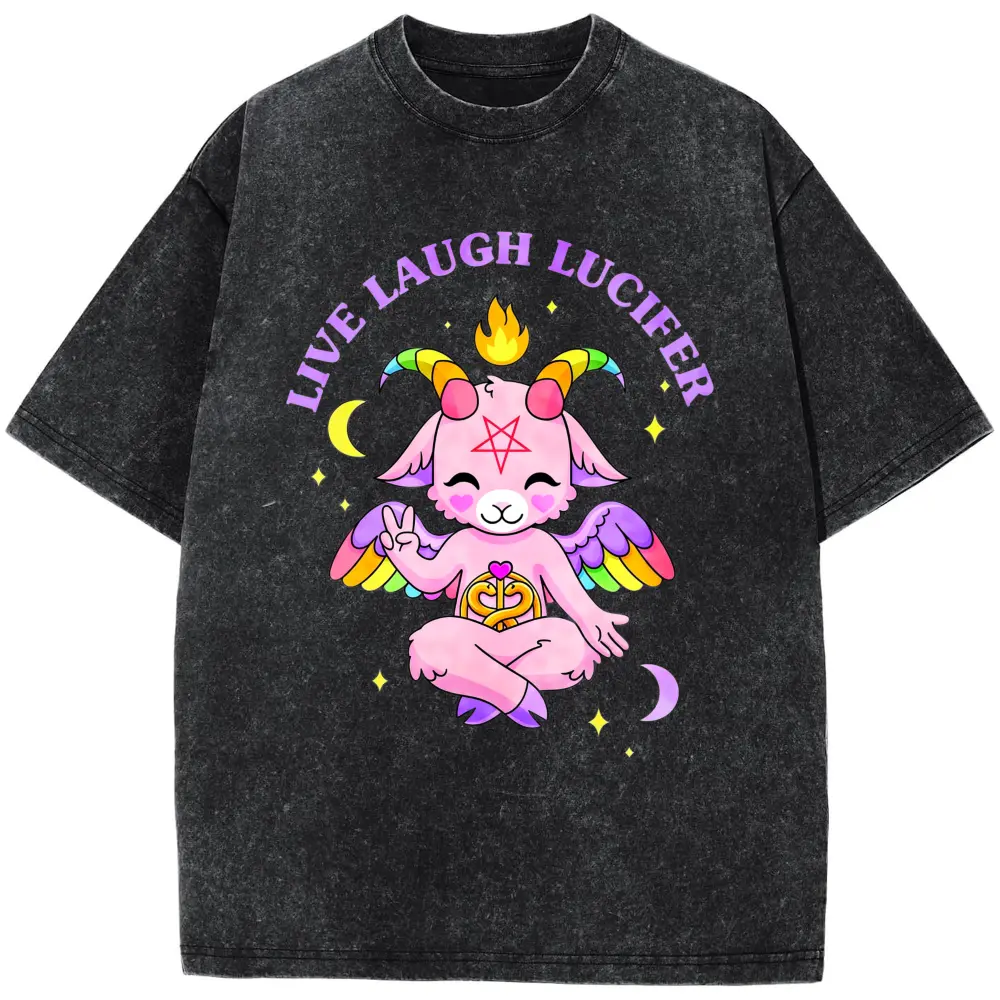 Men's Black Short-Sleeve Round Neck Streetwear T-Shirt, Live Laugh Lucifer Cute Baphomet Design Top, Tshirt, Shortsleeve