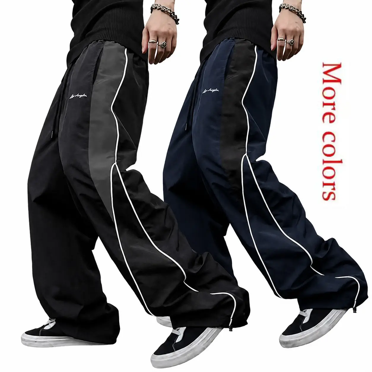Men's Oversize Baggy Track Pants - Y2K Menswear Streetwear Stylish Loose Windbreaker Pants, Elastic Waist Drawstring Athletic Sportswear Casual Wide Leg Joggers for Everyday Street Use