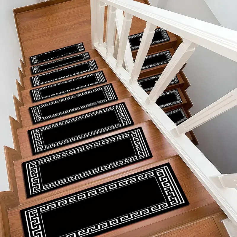 6/8/15pcs Vintage Black White Greek Key Border Diatom Mud Stair Treads, Super Absorbent Non Slip Carpet Mats for Wood Steps, Quick Drying Moisture Wicking Stair Runners, Anti Slip Washable Rugs for Dogs Kids Elderly