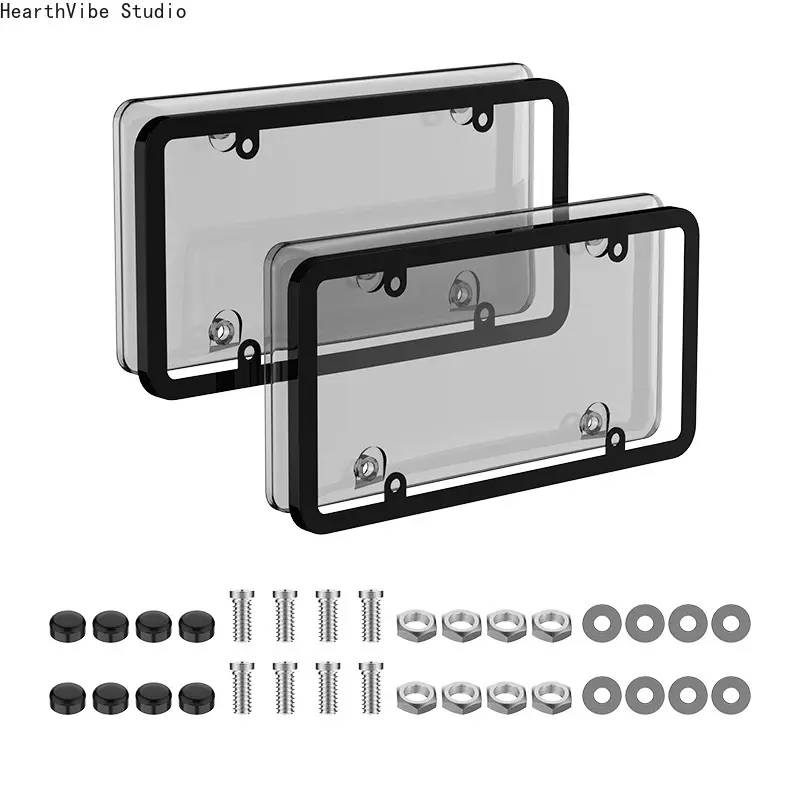 2-Pack Smoked Tinted Transparent License Plate Covers & Frames, Unbreakable Car Tag Shield Protector Combo with Anti-Theft Screw Caps Hardware, Universal Auto Accessories for Car/Truck/SUV Exterior