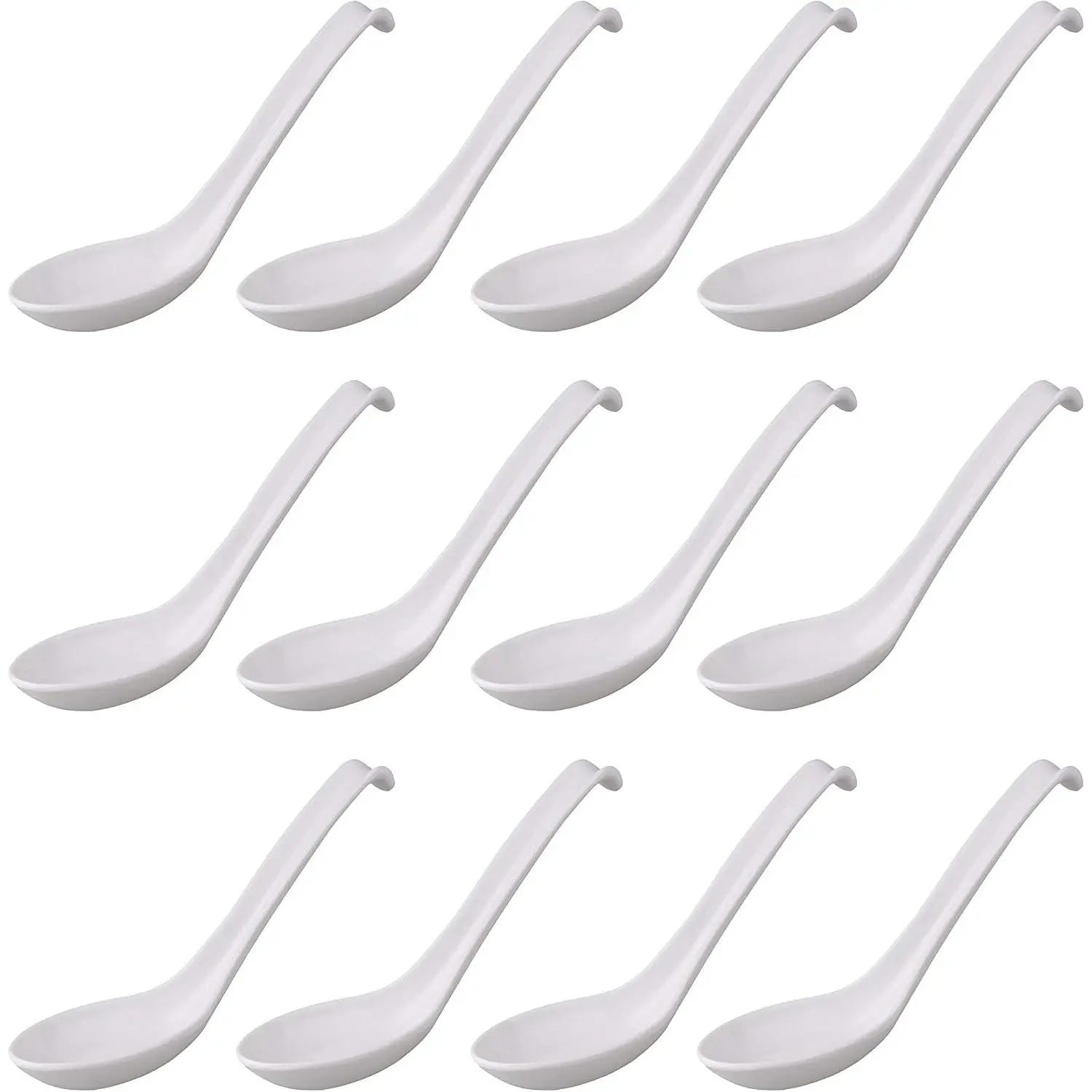 12 Pcs Large Hook Style Asian Soup Spoons, White Japanese Chinese Spoons for Ramen Pho Wonton Noodles Soba Rice, Model 12HSP-W