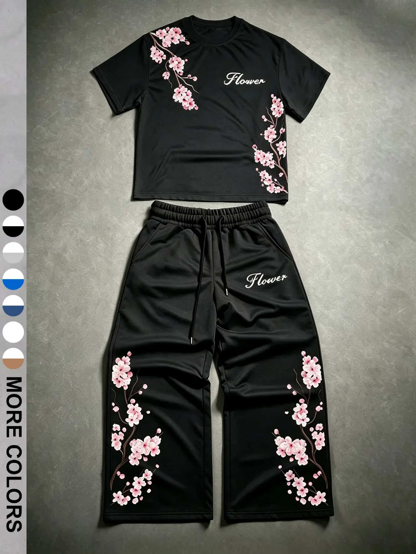 Unisex Y2K Sakura Cherry Blossom Print T-Shirt & Wide Leg Pants 2 Piece Set | Japanese Floral Summer Streetwear | Anime Streetwear Outfit for Men & Women Summer Matching Set