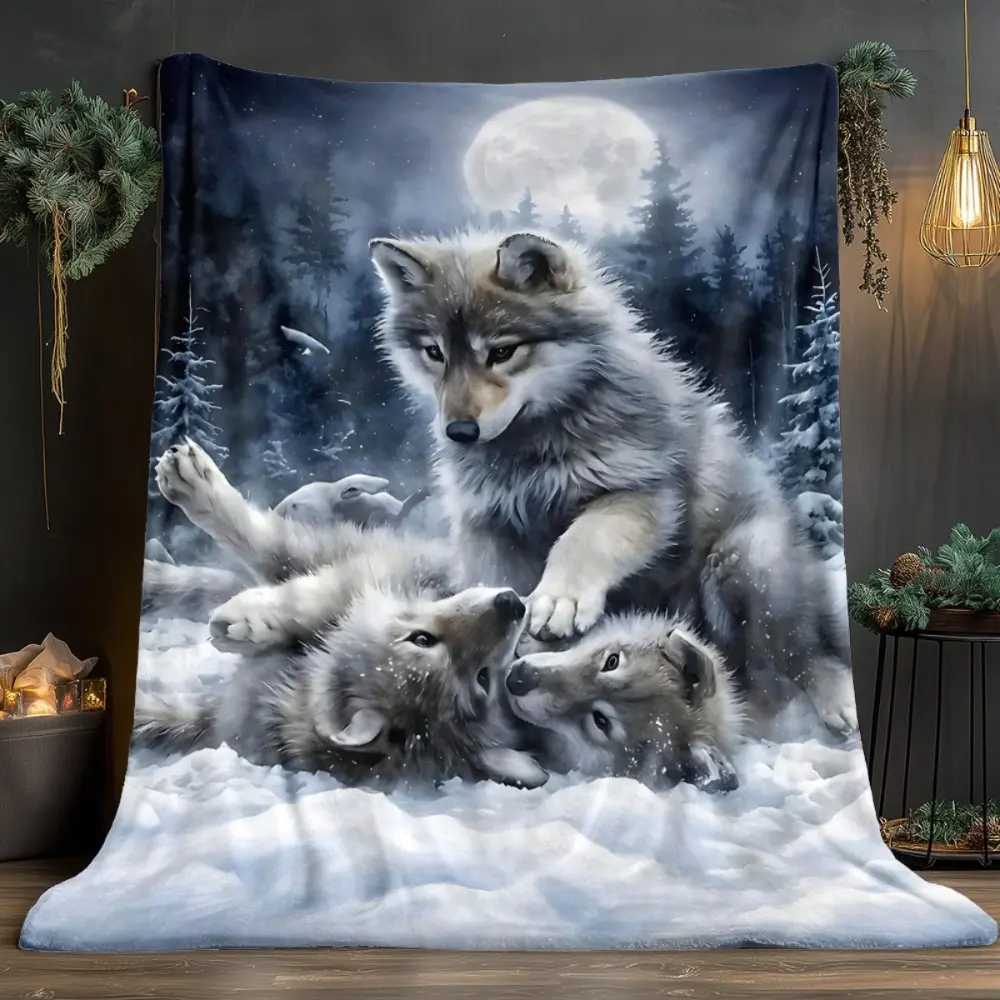Cozy Wolf-Themed Fleece Blanket, Soft Flannel Throw for Bed/Couch, Fluffy Soft Blanket, Thick Warm Blanket, Winter Warm Blanket with Snowy Forest & Moon Design, Perfect for Home Relaxation, Suitable for all four seasons, soft and breathable