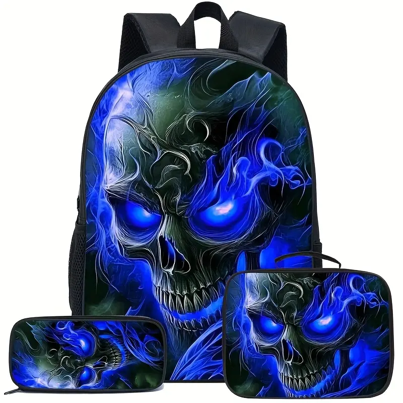 Skull Print Backpack Set, Men's Trendy and Cool Bag, Featuring a Dark-Themed 2D Printed, Cute Gothic Style # backto school # Backpack set # school gifts # girls gifts #   boys gifts # birthday gifts, 17in Bookpack