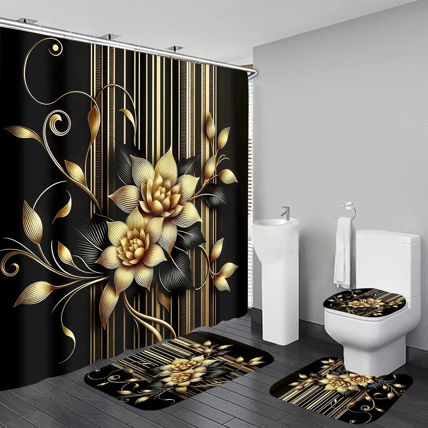 4pcs Black Golden Flower Flannel Bathroom Decor Set - Shower Curtain, Toilet Rugs, Window Cover, Marble-Accent Accessories with 12 Hooks (Dog & Cat Training & Behavior Aids-Friendly Bathroom Setup)