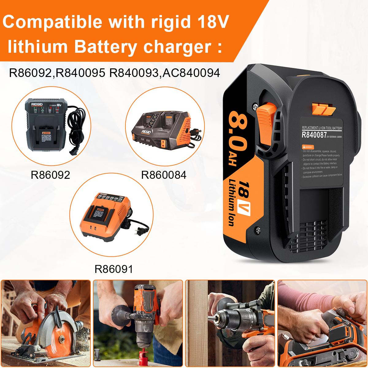 High quality PACK For Ridgid R840087 8.0Ah Lithium Battery Rigid 18 Volt R840085 Power Tools
