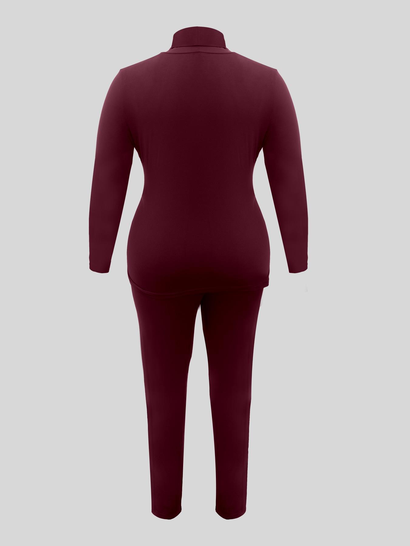 【Plus Size】 Two-Piece Set Solid Long Sleeve Tee & Skinny Pants, Casual Turtleneck Top & Trousers for Daily Outdoor Wear, Women's Two-piece Outfits for Fall & Winter
