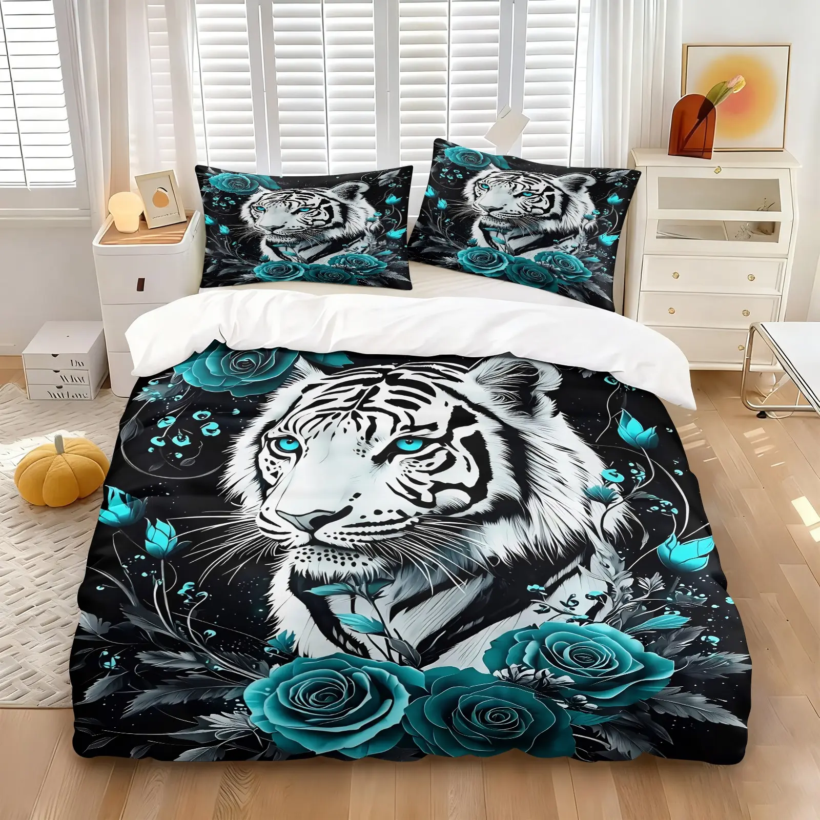 Teal Rose White Tiger Duvet Cover Set, Decorative Duvet Cover, Includes 1 Duvet Cover + 1/2 Pillowcases, Soft Comfortable Skin-Friendly Fabric, Black Background Floral Tiger Print Bedding, Decor For Edgy Teens, Gothic Bedroom & Dorm