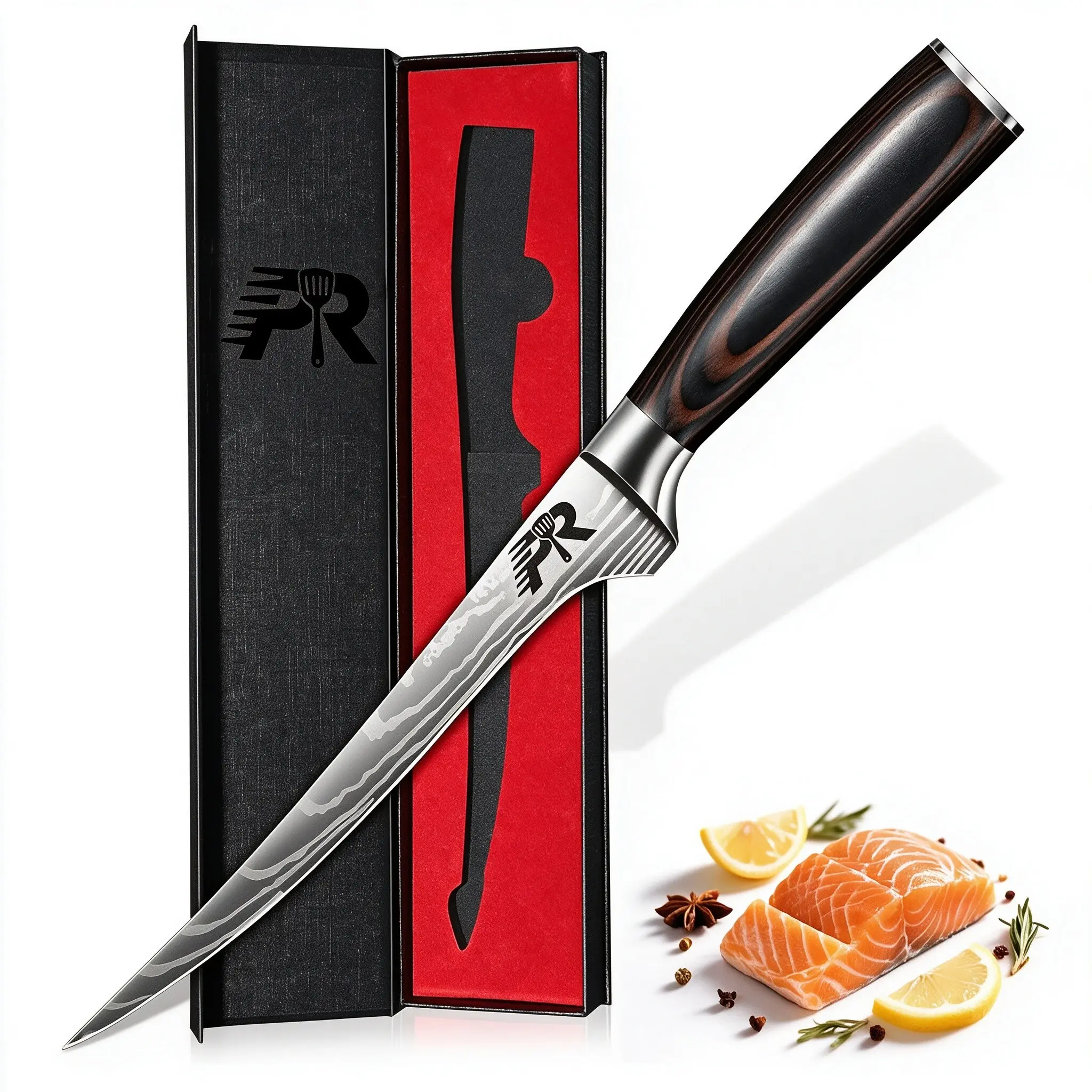 Fish Slicer Knife, 6-Inch Wooden Handle, Professional Japanese Bone Remover, Damascus Pattern Meat Cutter, Outdoor Knife