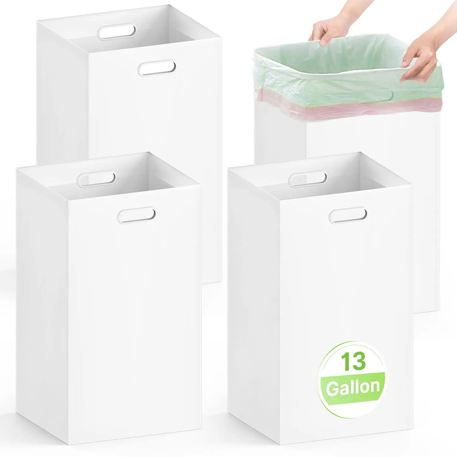 4 Pack Disposable Trash Cans for Parties, 13 Gallon Large Collapsible Garbage Cans with Handle, Thick Recycled Cardboard Recycling Bins for Party Events Camping (13.5" L x 10.0" W x 21.7" H), White