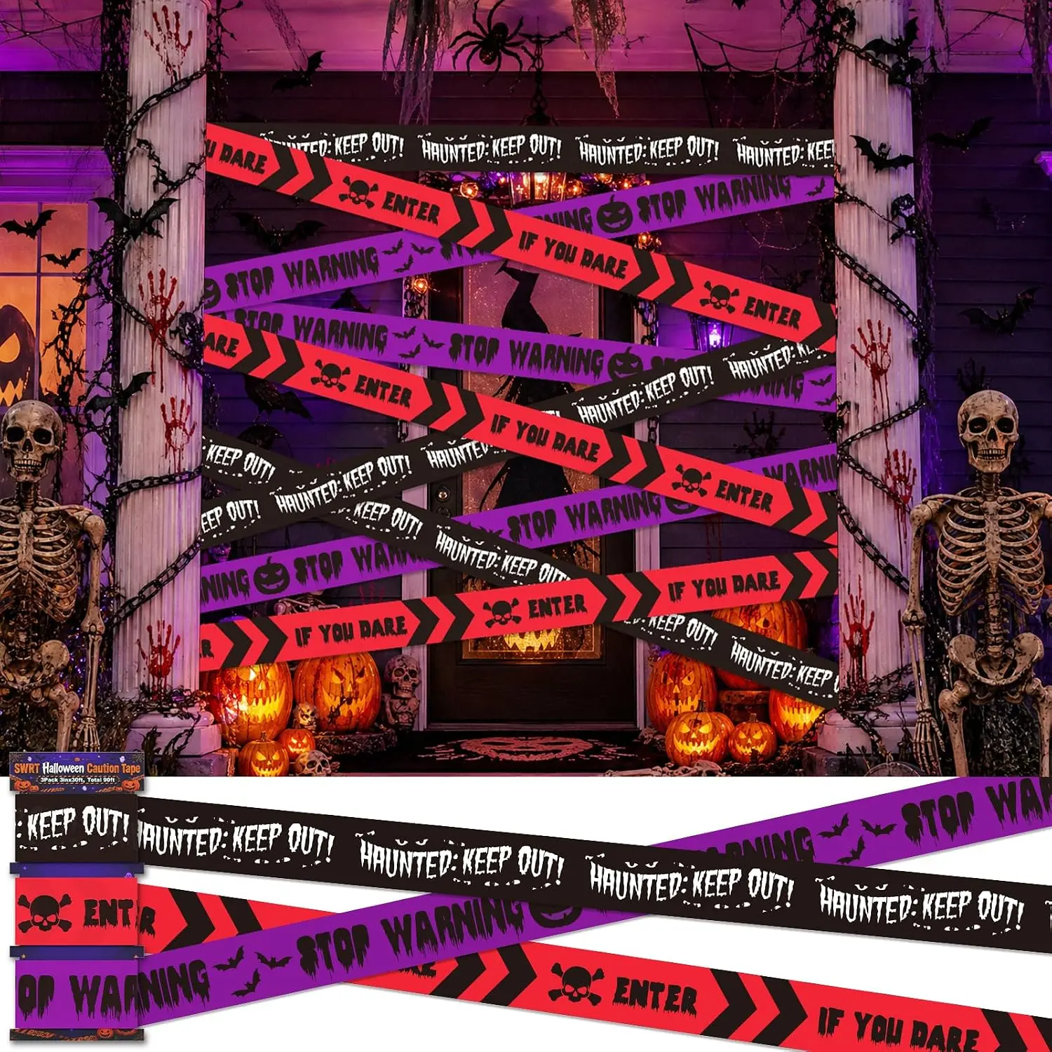 3-Pack Halloween Caution Tape (3 in x 30 ft, Total 90 ft) - Home & Party Supplies for Haunted House, Porch Decor (Witch, Clown, Bat Themes) BY