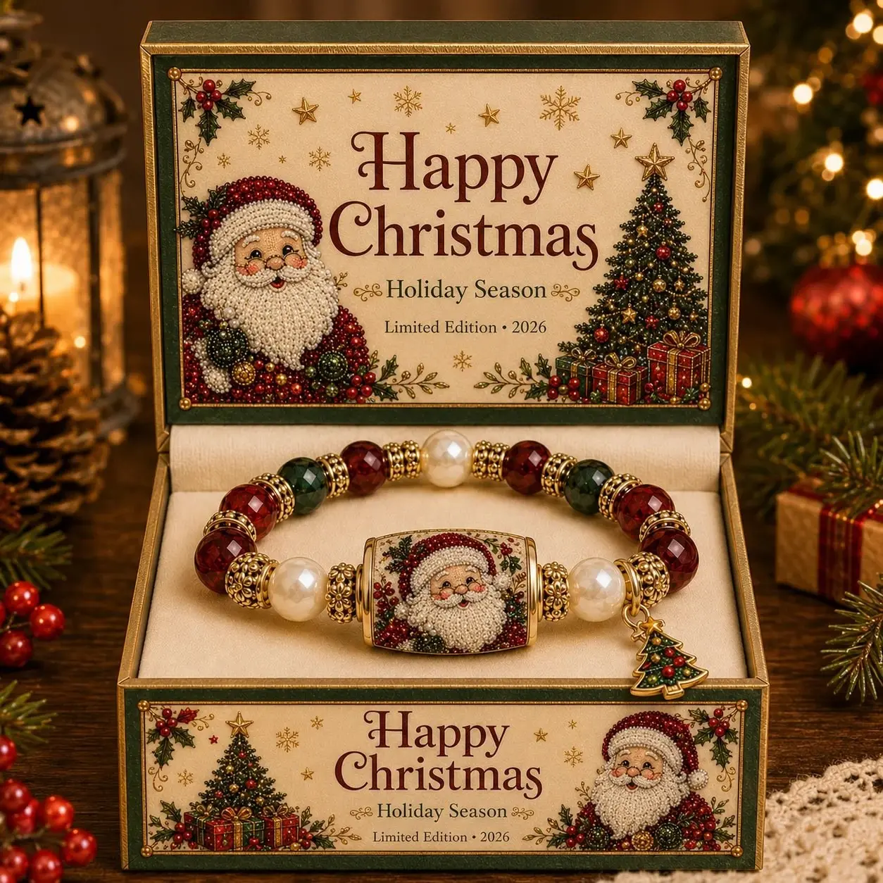2026 Limited Edition Christmas Magic Collection Bracelet, Stretch Beaded Bracelet with Santa Tree Reindeer Stocking Charms, Jewelry Gift