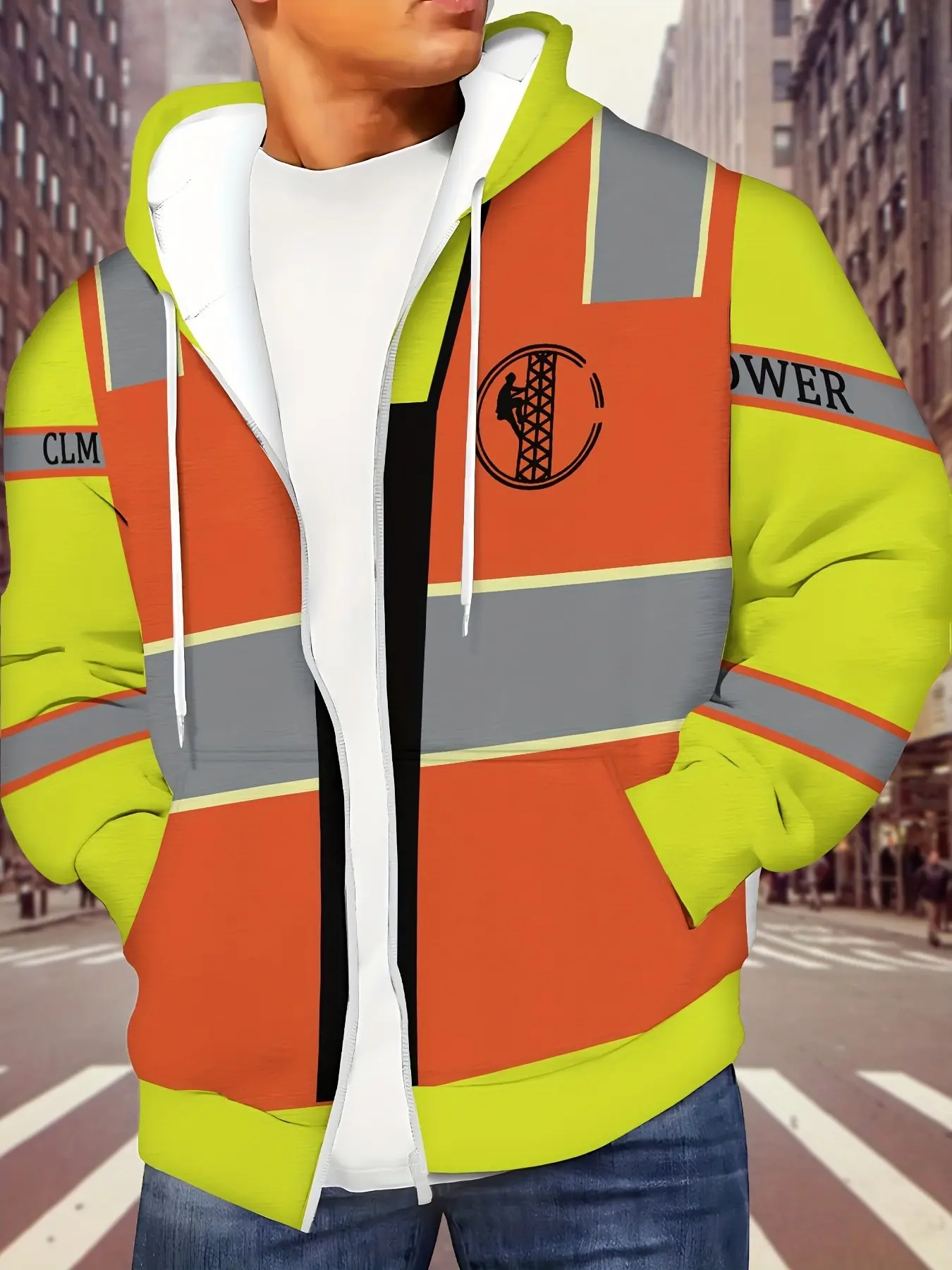 Men's Zipper Hooded Open Front Block Reflective Stripe Power Worker Print Workwear Casual Long Sleeve Jacket