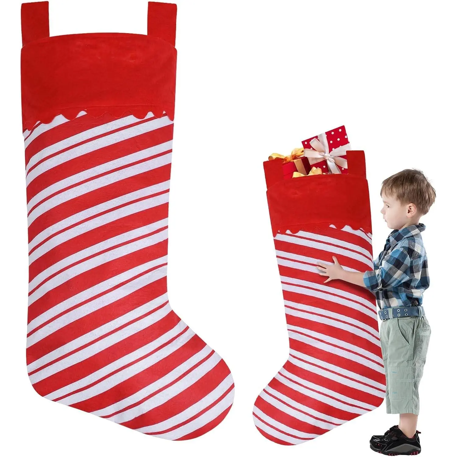 2 Pack Jumbo Candy Cane Christmas Stockings 38 Inches Felt Xmas Stockings | Large Red and White Felt Christmas Stockings for Xmas Tree Fireplace Hanging Decor and Holiday Party Family Home Decorations