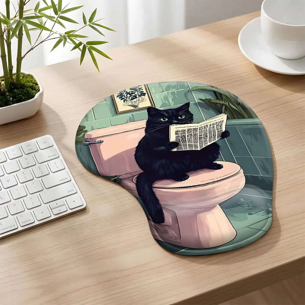 Humorous Toilet Reading Black Cat Ergonomic Mouse Pad with Wrist Support, Soft Memory Foam Non Slip Anti-Skid Gel Wrist Rest Mouse Mat, Cute Sassy Kitten Bathroom Decor Mousepad for Laptop Desktop Home Office Study Nook Workstation, Perfect Gift