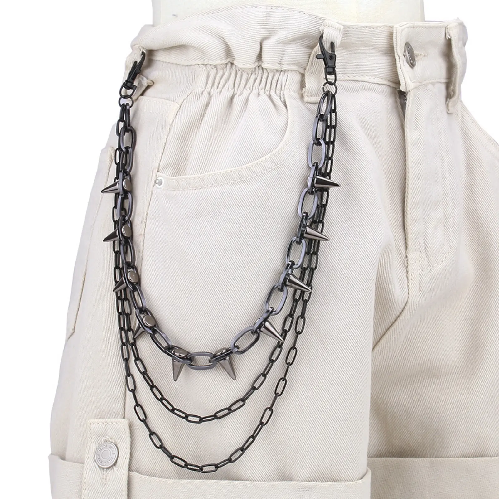 Pants Chain Jewelry, Punk Silver Multi-layer Trouser Chain, Rivet Spike Decorated Waist Chain, Detachable Clip On Jean Pant Chain, Sturdy Metal Anti-fade Fashion Body Accessory, For Gothic Rock Street Hip-hop Club Daily Outfit
