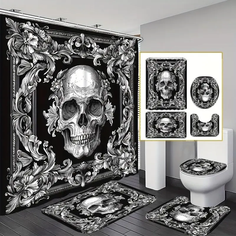 1/4PCS Classic Skull Shower Curtain Set – Timeless Skeleton Bathroom Decor, Includes Bath Mat, U-Mat, Toilet Cover & 12 Hooks, 70.87x70.87 Inch Curtain, Vintage Gothic Style, Home Bathroom Accessories