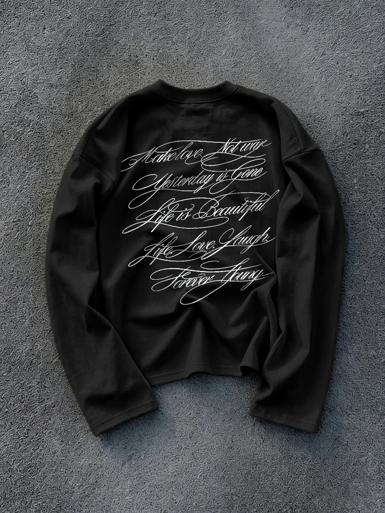 Men's Oversized Vintage Streetwear Long Sleeve Sweatshirt - Cursive Calligraphy Back Print Drop Shoulder Loose Crewneck Top for Casual Daily Outfits