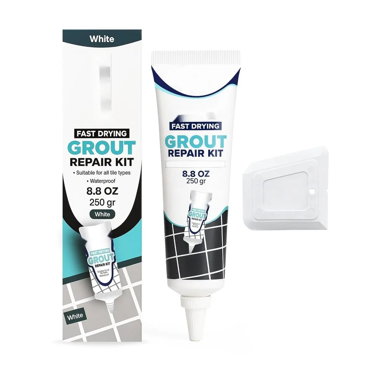 White Premixed Acrylic Sanded Grout Repair Kit, 8.8 Oz Tube with Applicator, Water-resistant, Fast Drying, for Bathroom, Shower, Kitchen Tile Cracks and Gaps