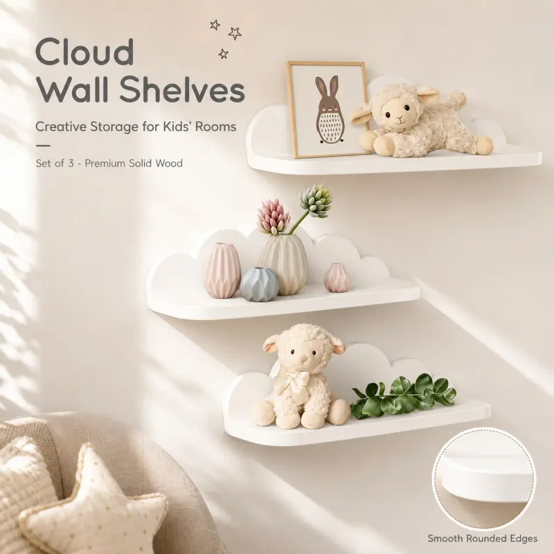 3-Piece Cloud-Shaped Floating Wall Shelves, made of solid wood with rounded edges. Safe, practical and full of fun, perfect for storage, Organizing and decor in kids' rooms.