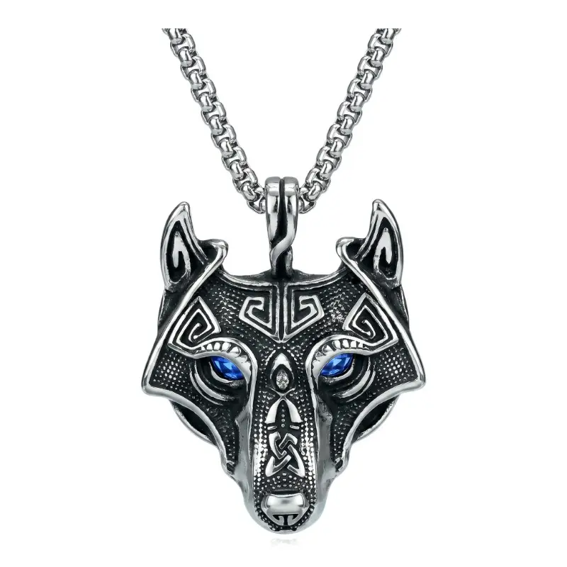 Retro Geometric Wolf Head Necklace Pendant For Men, Constructed With Polished Titanium Steel, Featured Stone Inlay And Exquisite Chamfered Square Grain, Versatile All-Match Neck Ornament Suitable For Everyday Wear, Dating Styling And Gift Selection
