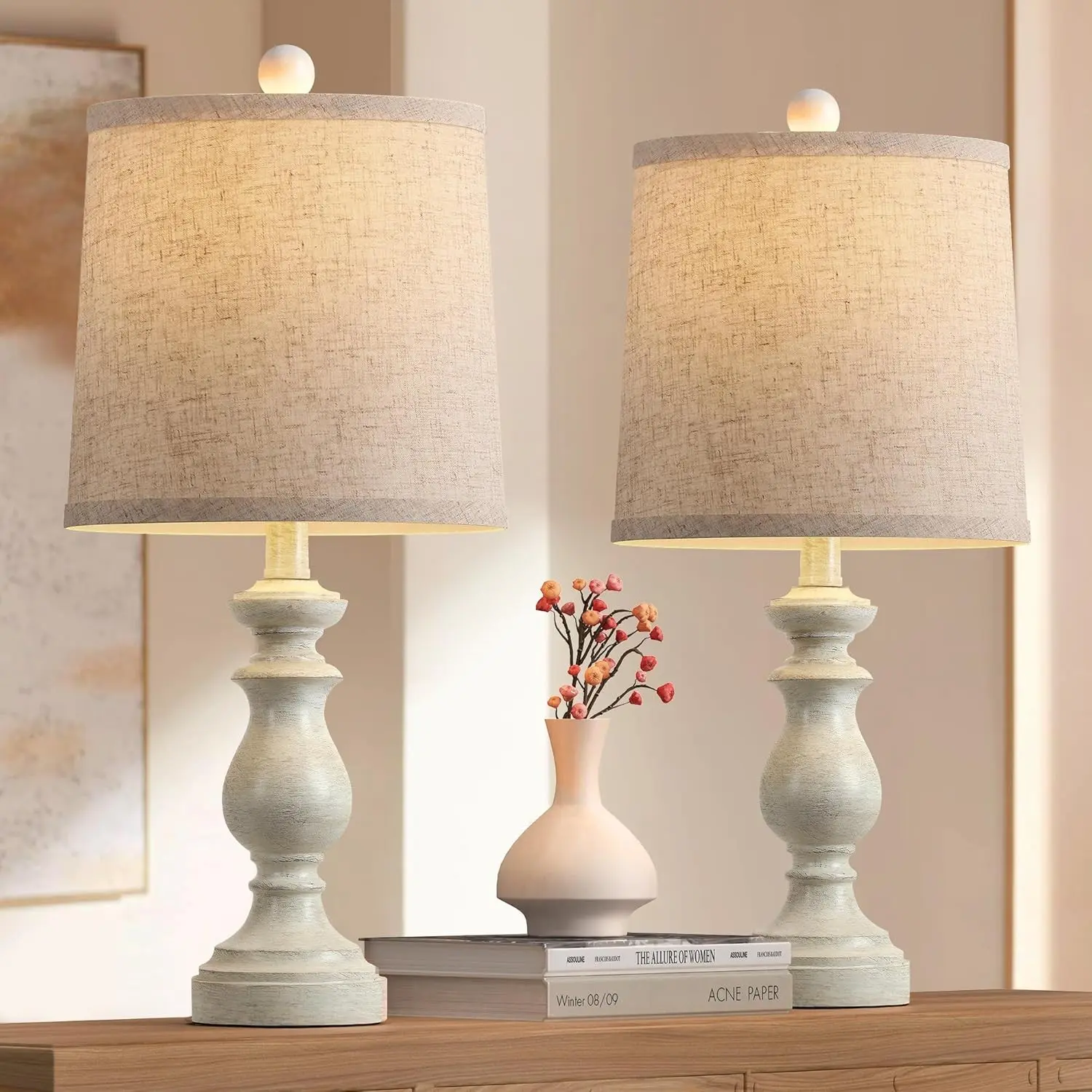 Traditional Table Lamp Set of 2, Rustic Farmhouse Table Lamps for Living Room Bedroom, 22" Bedside Desk Lamps Vintage Nightstand Lamps with Linen Shades, Antique White