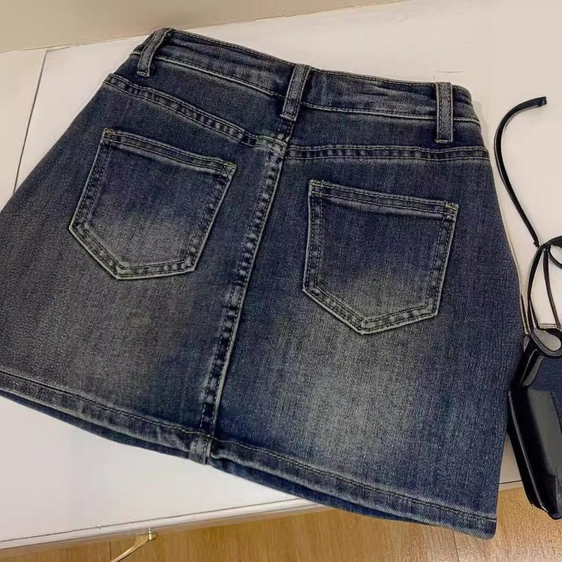 Vintage Distressed Denim Short Skirt for Women, Summer Small Size, High Waist, Plus Size, Loose Fit, Versatile, Anti-Exposure Skirt, Women's Clothing, Conservative Gothic Style, Latin Mini Skirt, Small Skirt