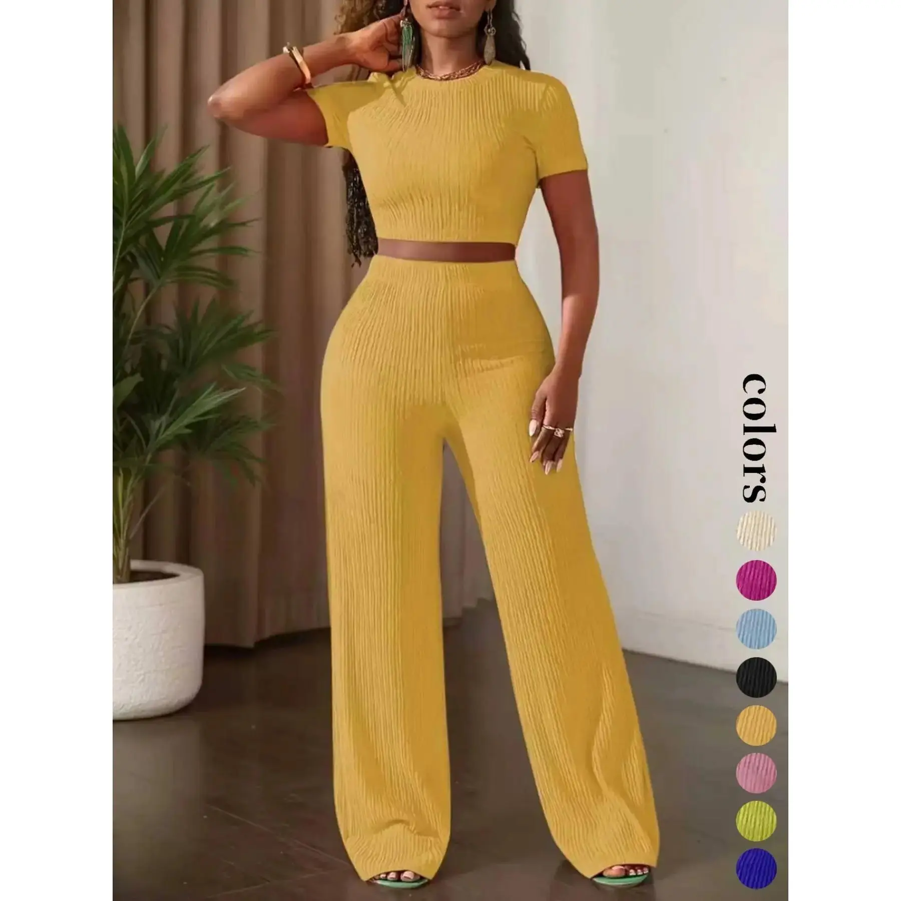 Women's Casual Basic Short Sleeve Top & Wide Leg High Waist Pants Set, Womenswear, Pure Color Summer, Comfortable Daily Wear, Stylish Fashion Ensemble, Style