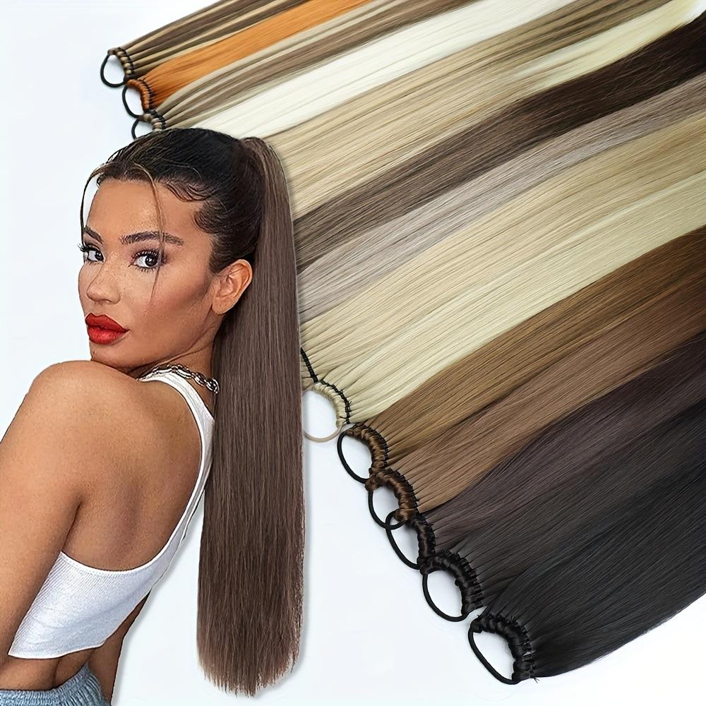 24 Inch Long Straight Ponytail Extension  Elastic Band Wrap Around Synthetic Hair Piece for Braiding