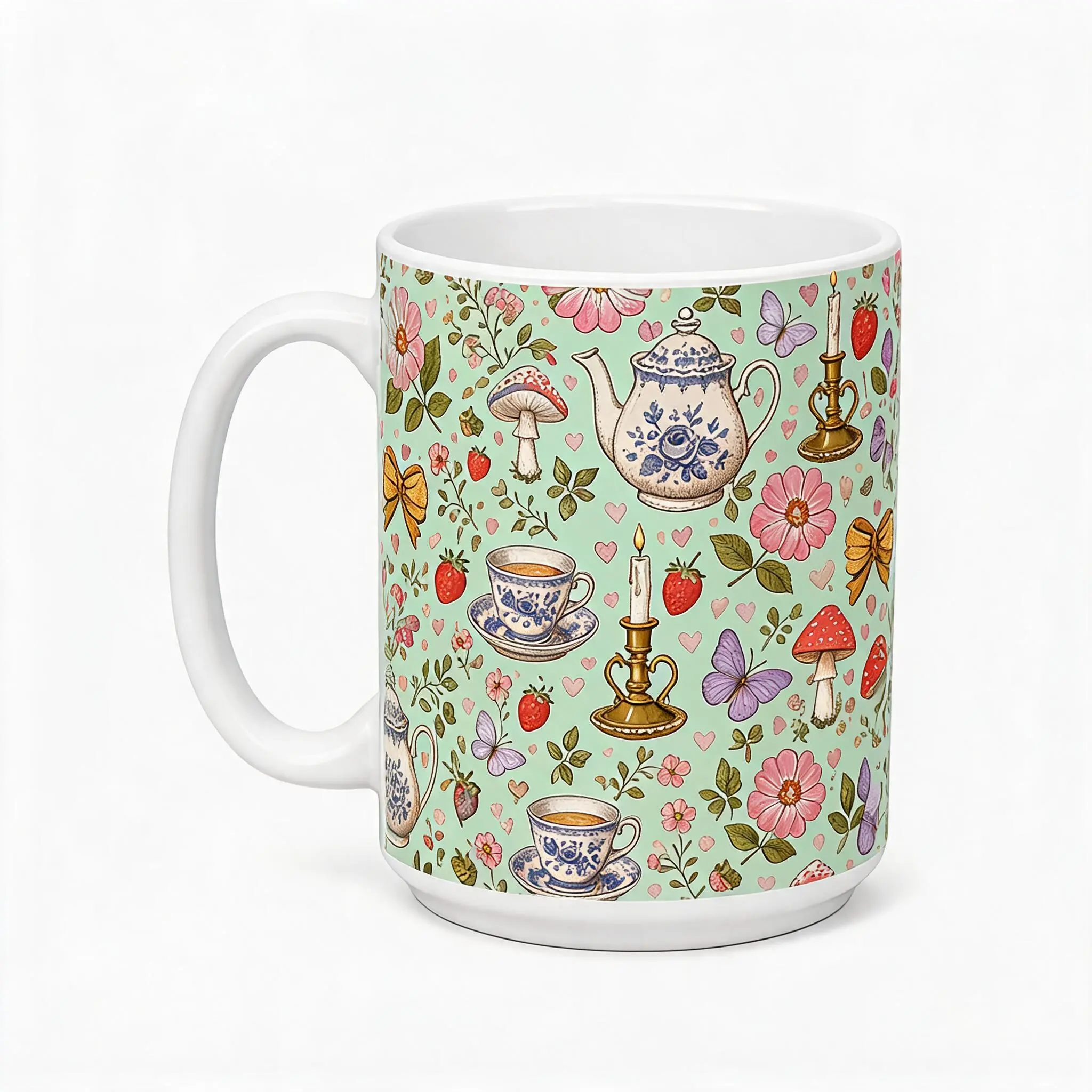 15oz Cottagecore Ceramic Mug - Classic High-Gloss Ceram Cup with Vintage Teapot & Wildflower Design, Microwave-Safe with Weighted Base for Morning Tea