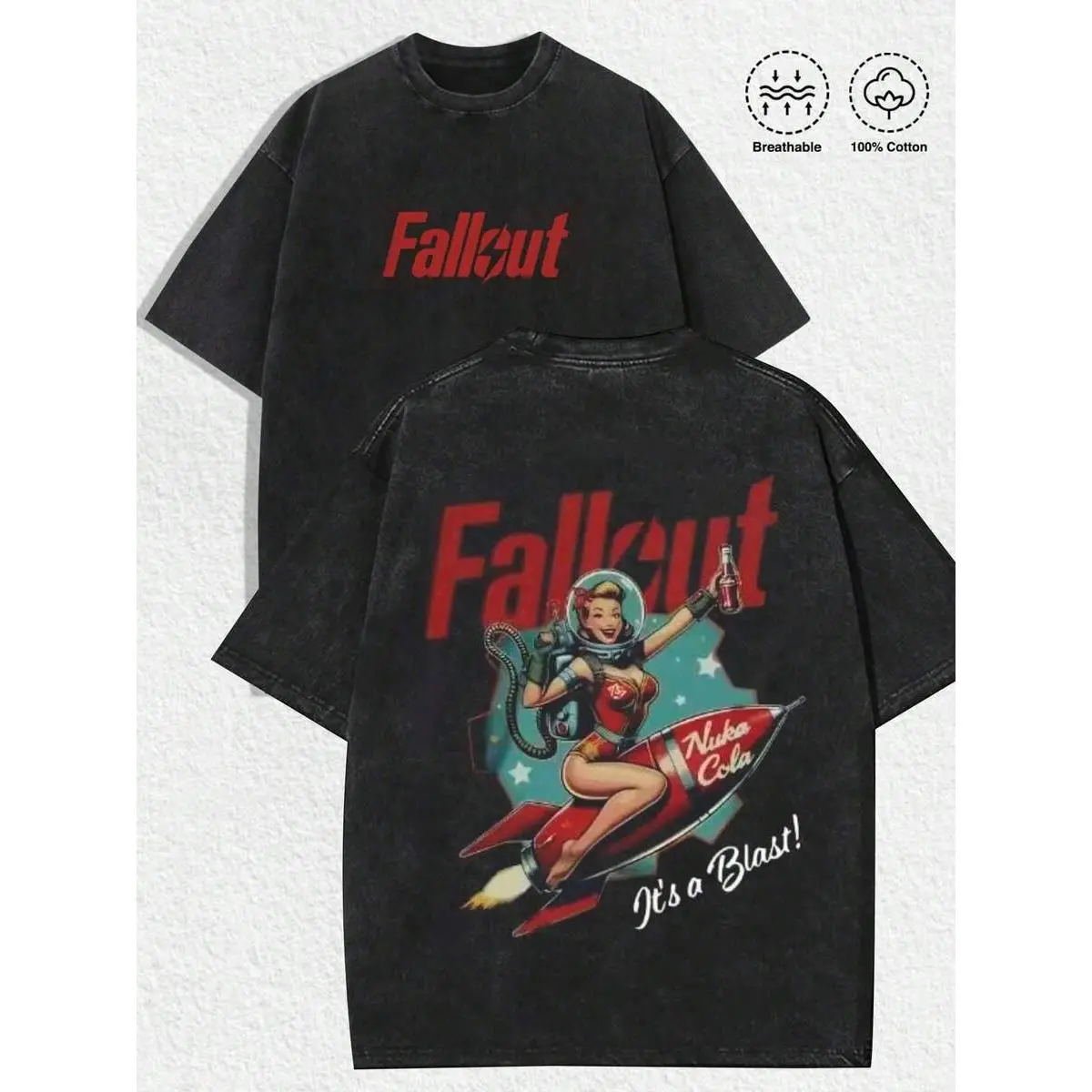 Men's Oversized Vintage Washed Fallout Graphic T-Shirt - Retro Print, Short Sleeve, Round Neck, Breathable 100% Cotton Tops for Summer Casual Streetwear, Halloween, with Sturdy Hem (Shortsleeve Fabric Included), Stretch