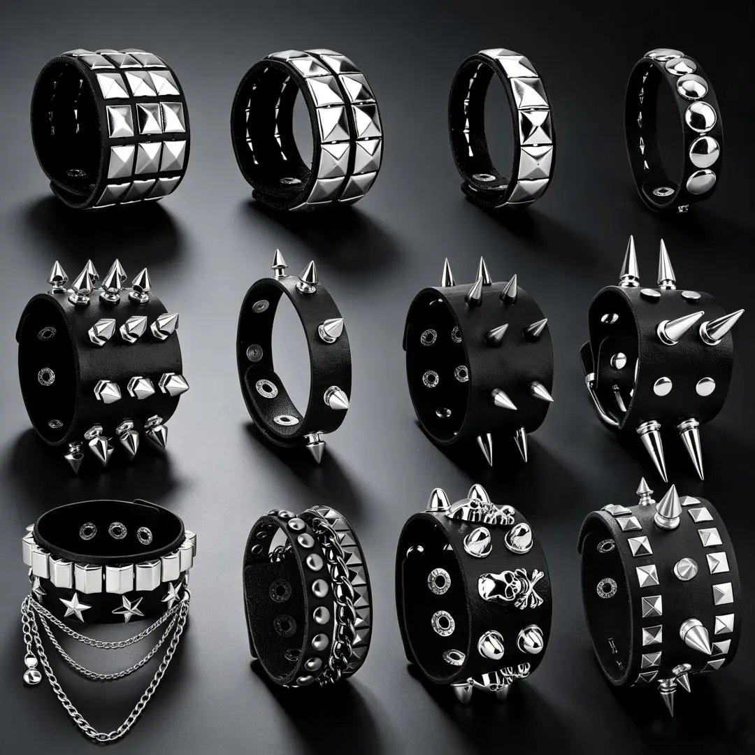 12pcs Men Punk Spiked Rivet PU Leather Wrist Cuffs Set, Gothic Rock Concert Party Wide Wristband Bracelets, Outfit Accessories for Halloween Day